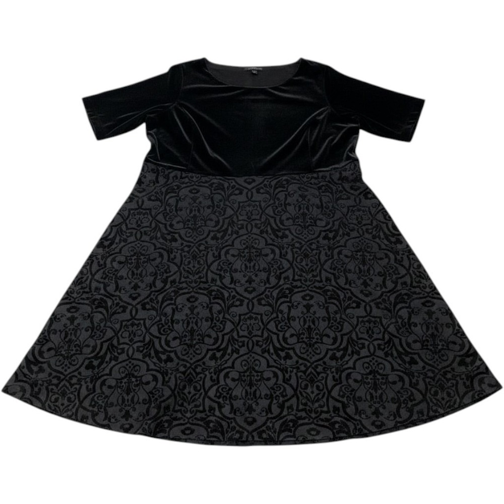Lands End Dress Black Velvet Damask Brocade Midi 2X Event Holiday Party Cocktail